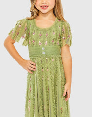Green Girls Ruffle Flutter Sleeve Floral Mini Dress