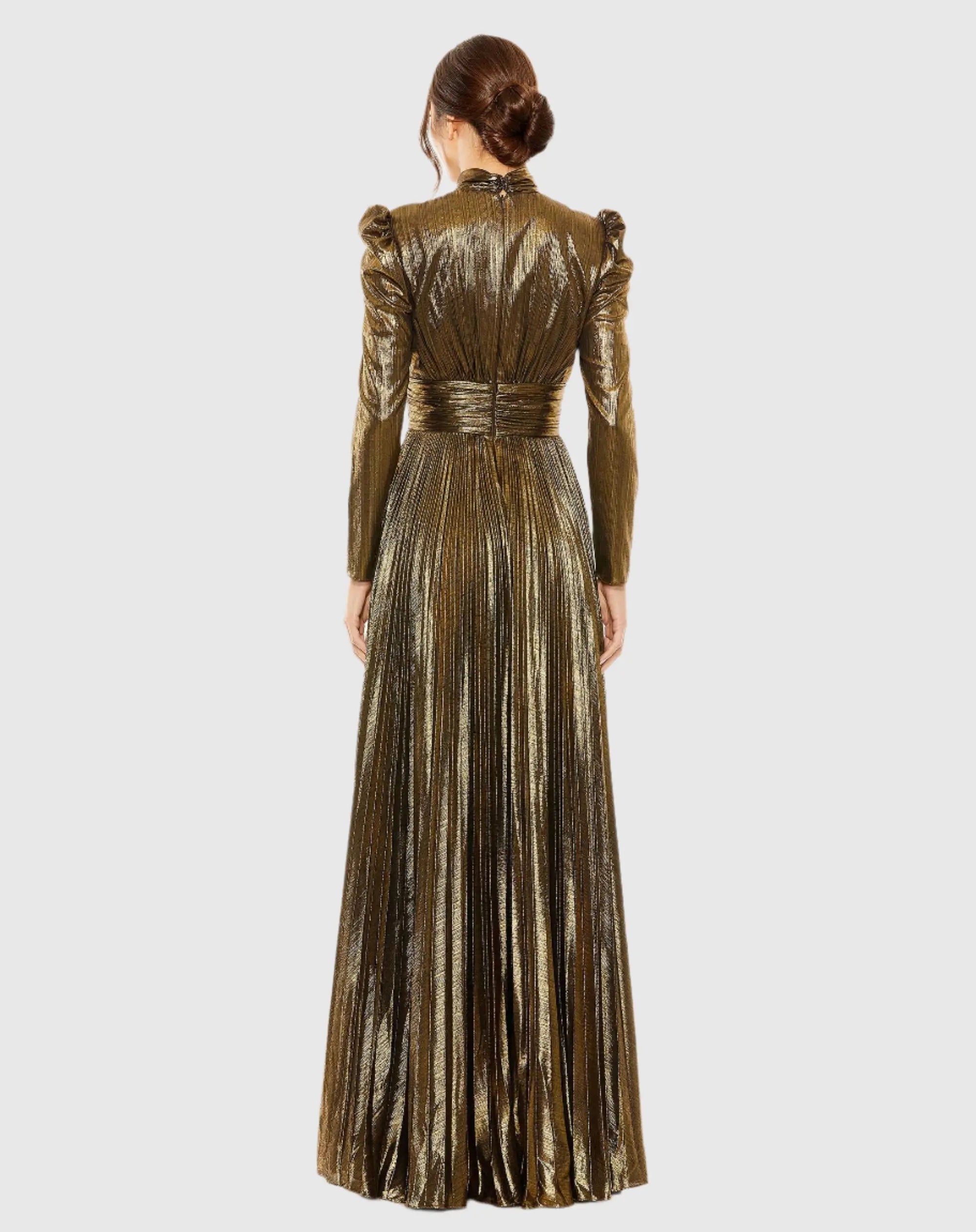 Gold Long Sleeve Keyhole Neck Heat Pleat Metallic Gown