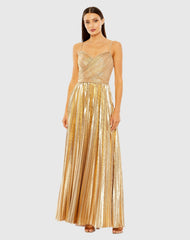 Gold Metallic Slim Strap Deep V Pleated Gown