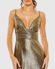 Gold Metallic V Neck Midi Dress