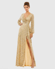Gold Multi-Colored Sequin Long Sleeve Gown