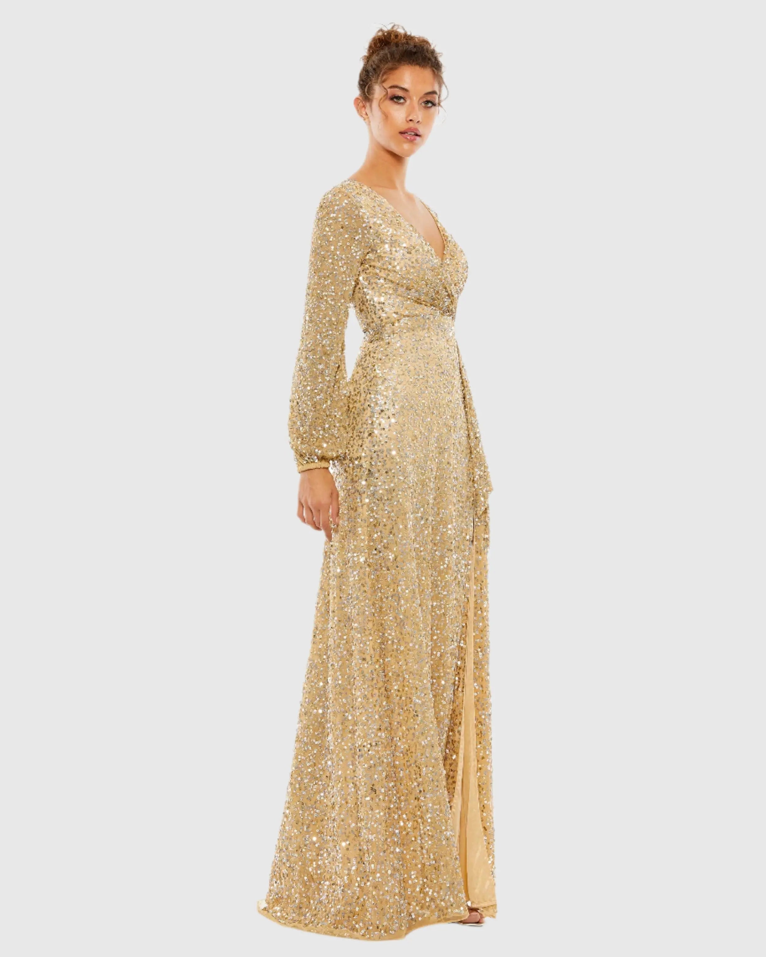 Gold Multi-Colored Sequin Long Sleeve Gown