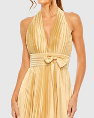 Gold Pleated Halter Neck Gown with Center Bow