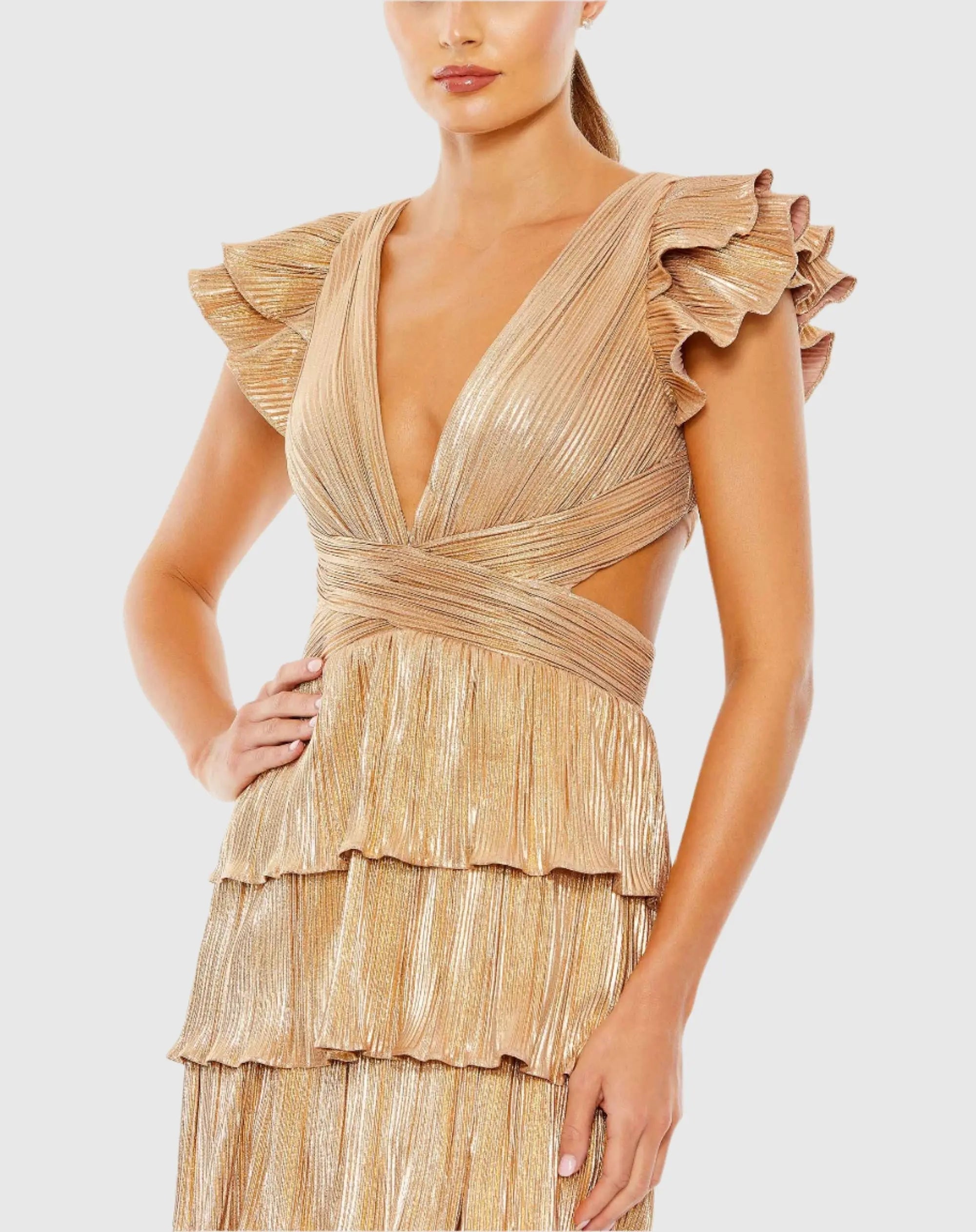 Gold Ruffle Tiered Criss Cross Lace Up Gown