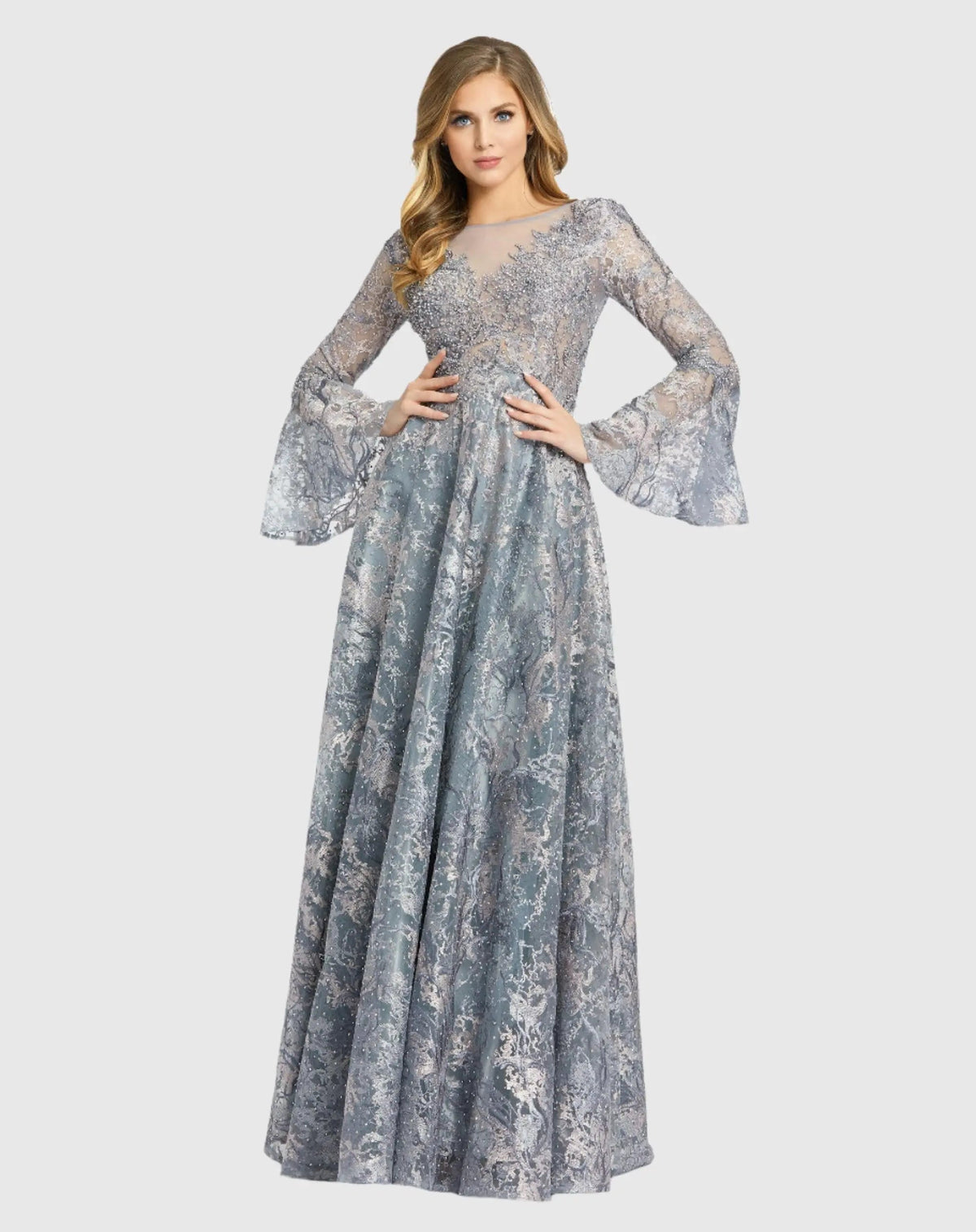 Gray Embellished Illusion Bell Sleeve A Line Gown