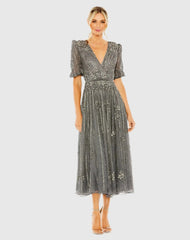 Gray Puff Quarter Length Sleeve V-Neck Dress