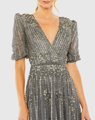 Gray Puff Quarter Length Sleeve V-Neck Dress