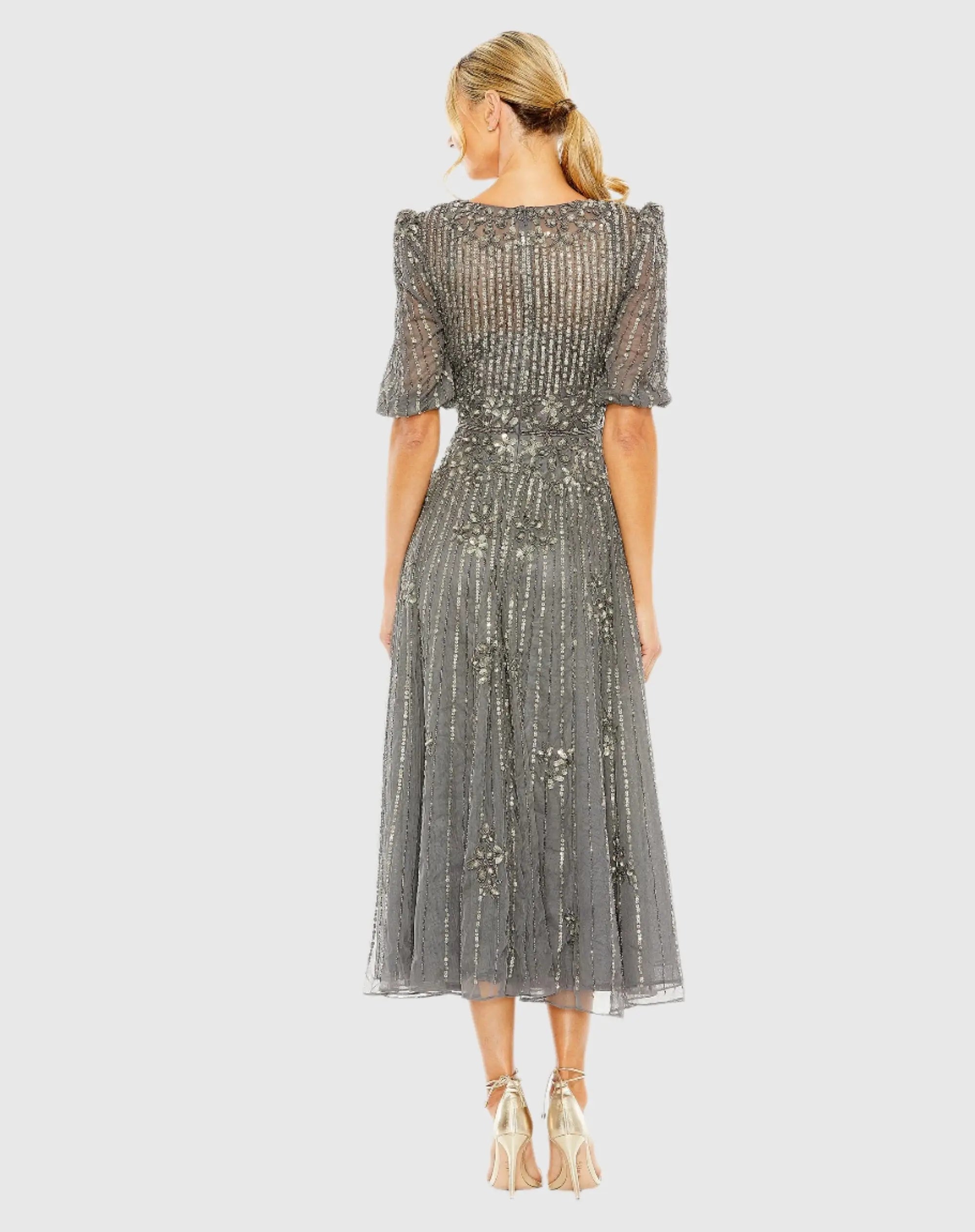 Gray Puff Quarter Length Sleeve V-Neck Dress