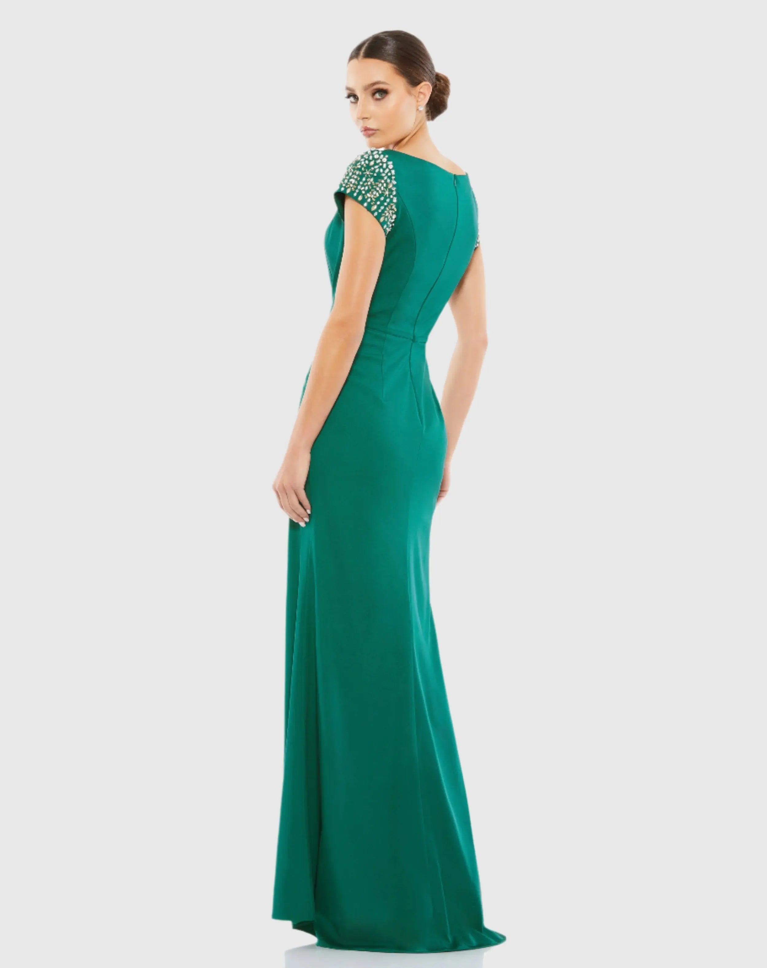 Green Beaded Cap Sleeve Bateau Column Gown