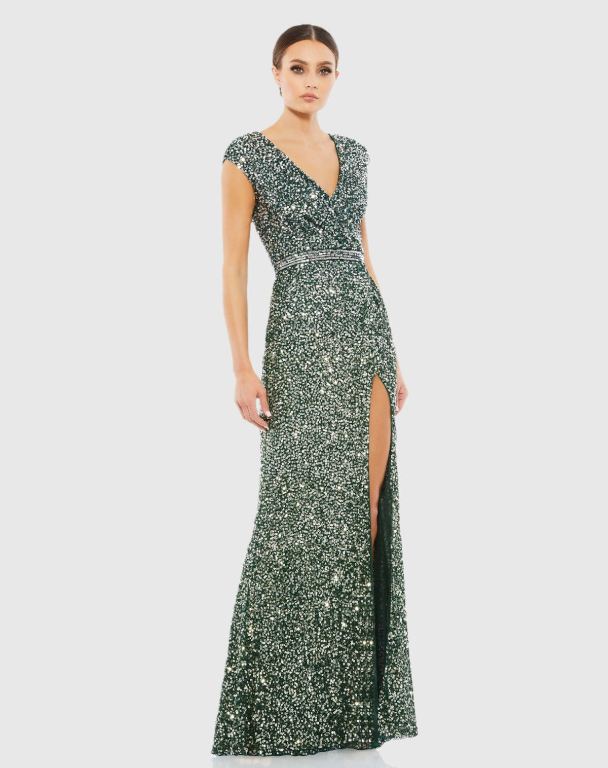 Green Cap Sleeve Sequined High Slit Gown