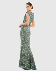 Green Cap Sleeve Sequined High Slit Gown