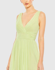 Green Chiffon Sleeveless Wrap Over A Line Gown