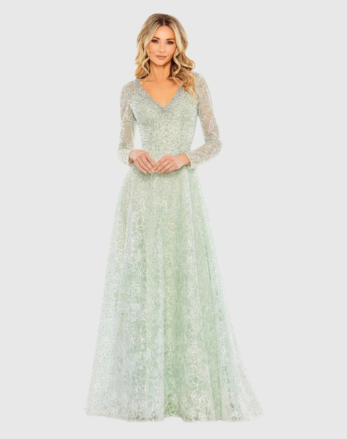 Green Crystal Embellished Long Sleeve V Neck Gown
