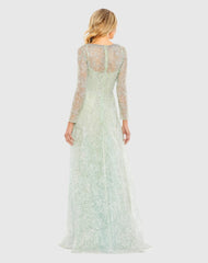 Green Crystal Embellished Long Sleeve V Neck Gown