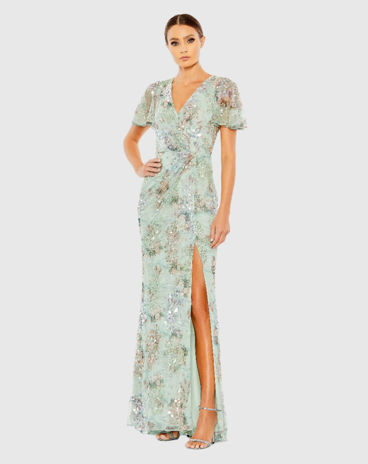 Green Embellished Butterfly Sleeve Faux Wrap Gown