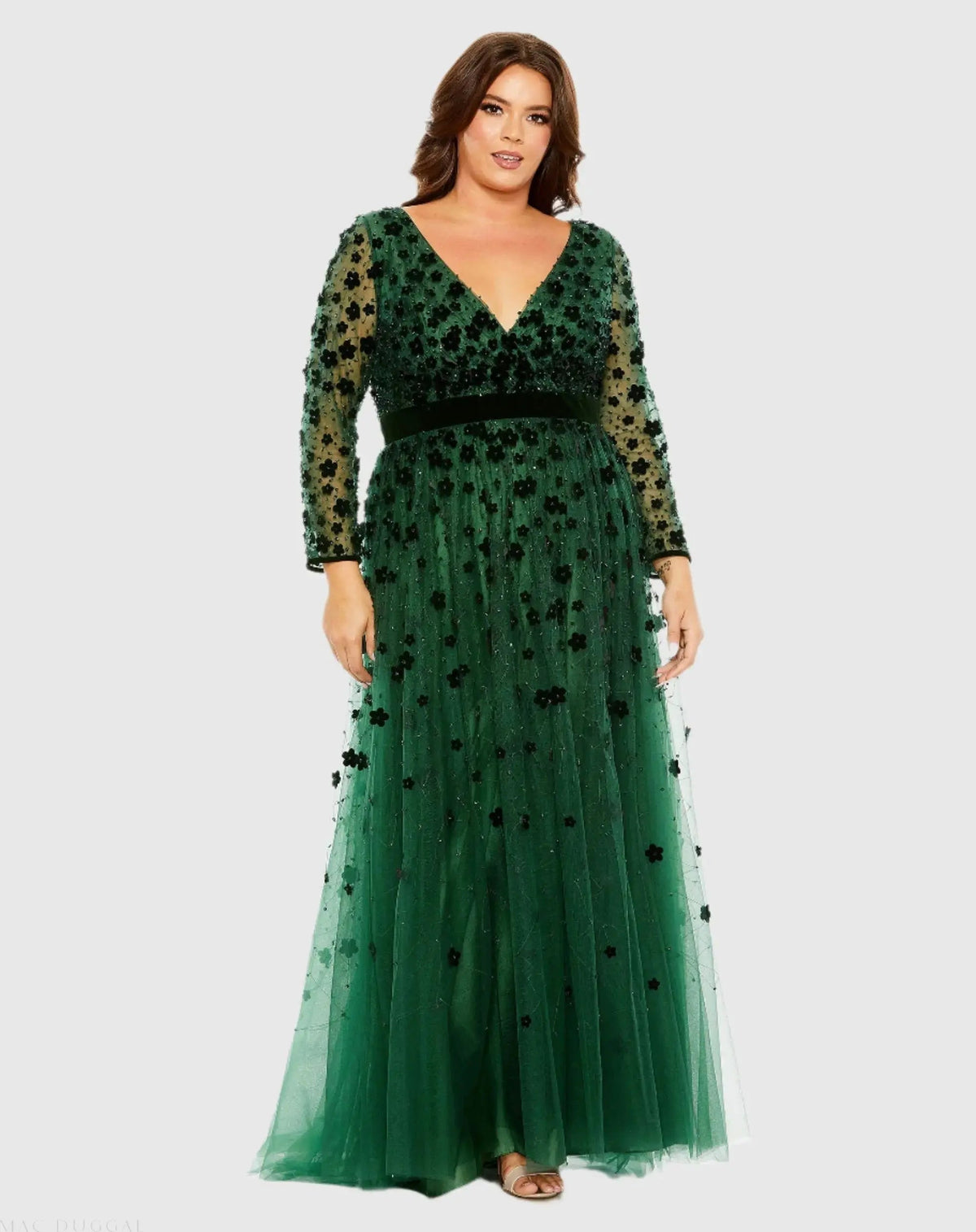 Green Floral Applique Long Sleeve A Line Gown (Plus)