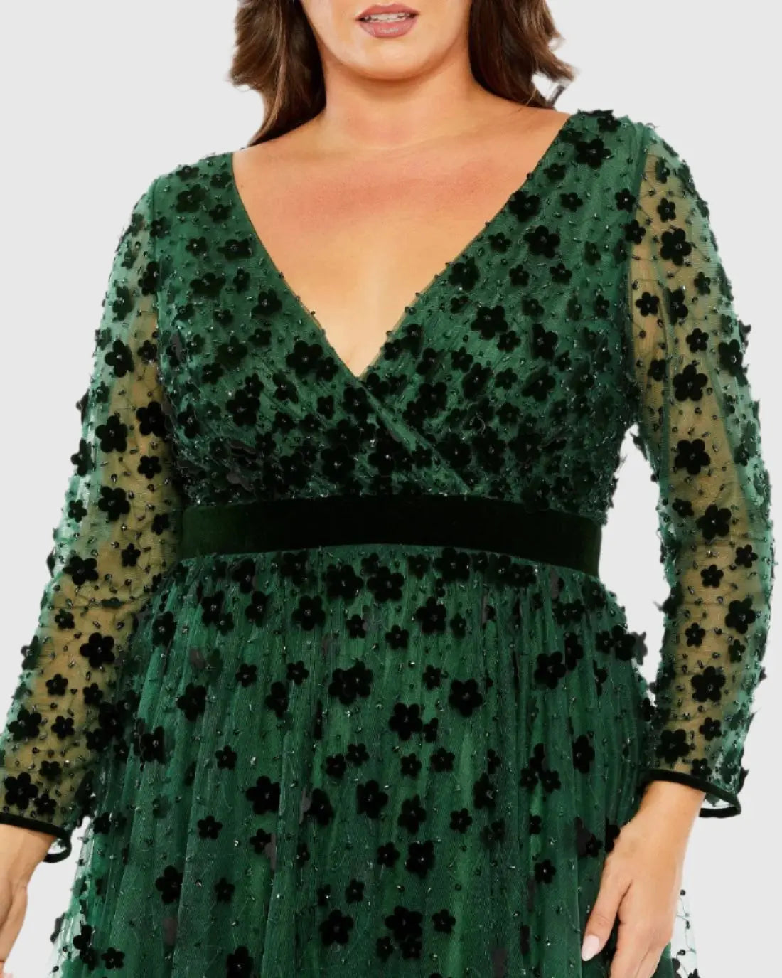 Green Floral Applique Long Sleeve A Line Gown (Plus)