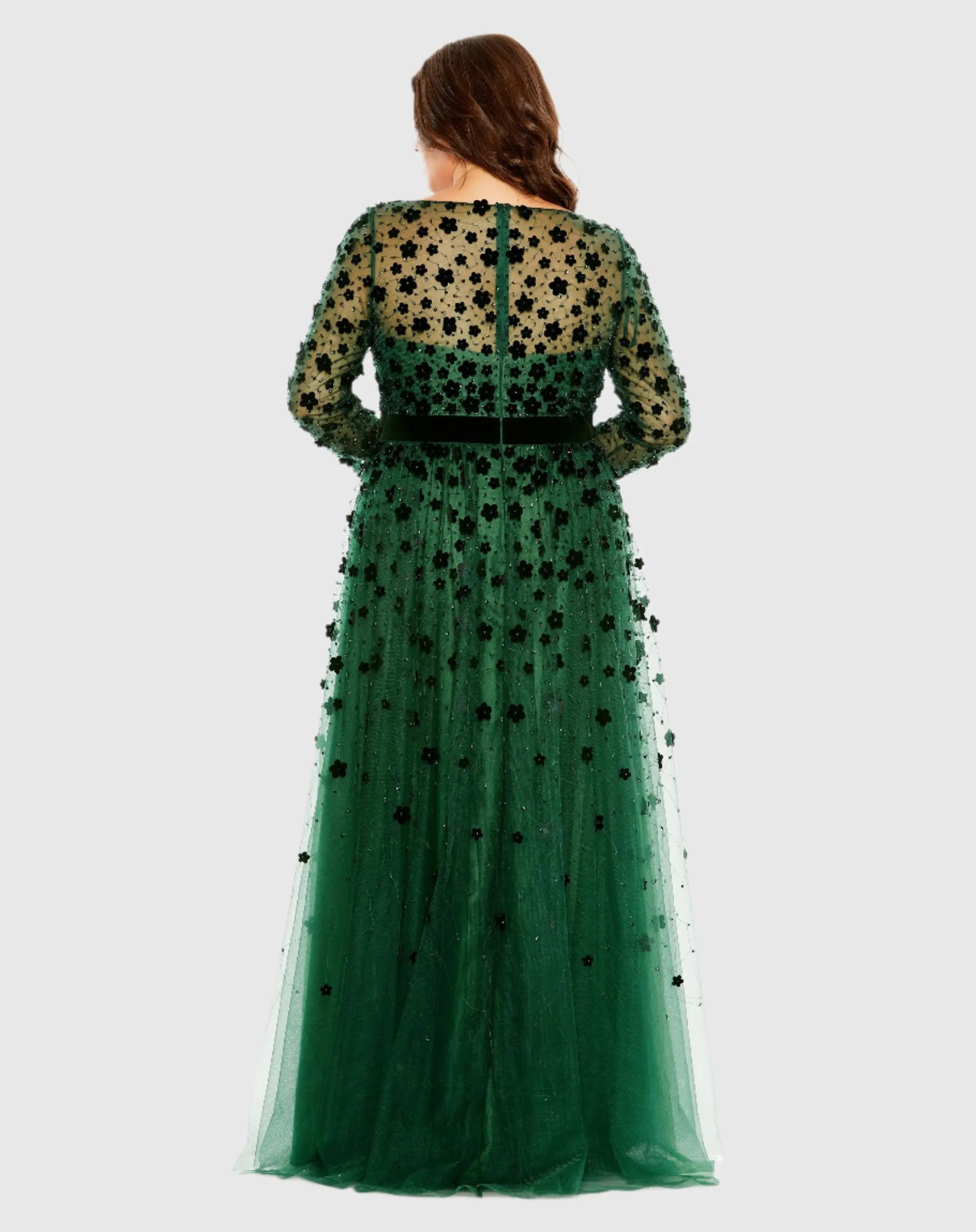 Green Floral Applique Long Sleeve A Line Gown (Plus)
