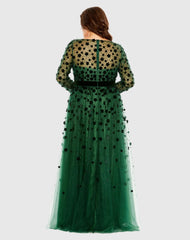 Green Floral Applique Long Sleeve A Line Gown (Plus)