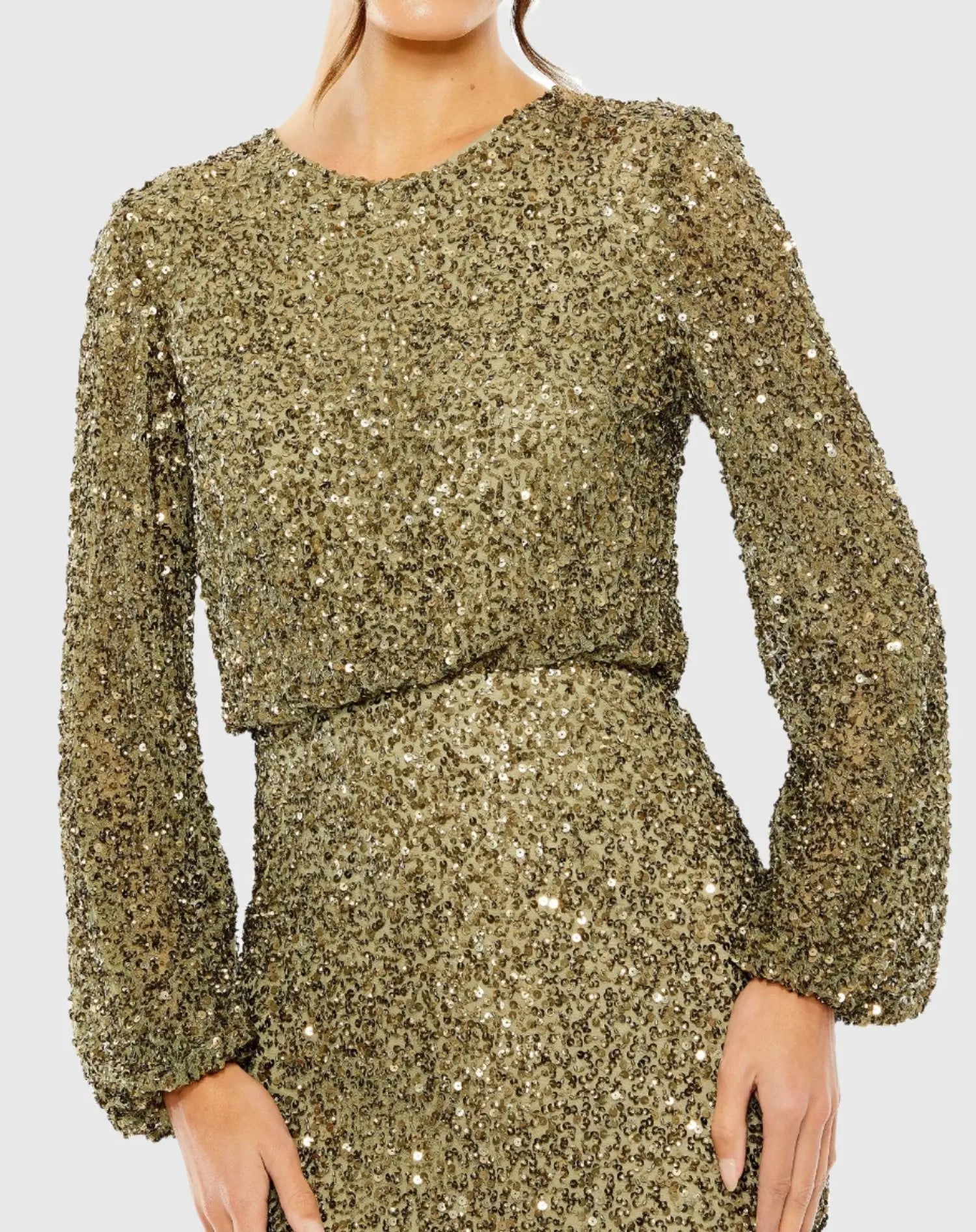 Green High Neck Long Sleeve Beaded Blouson Gown
