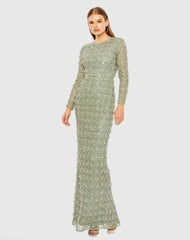 Green Long Sleeve High Neck Beaded Gown