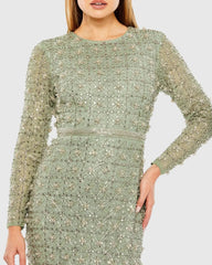 Green Long Sleeve High Neck Beaded Gown