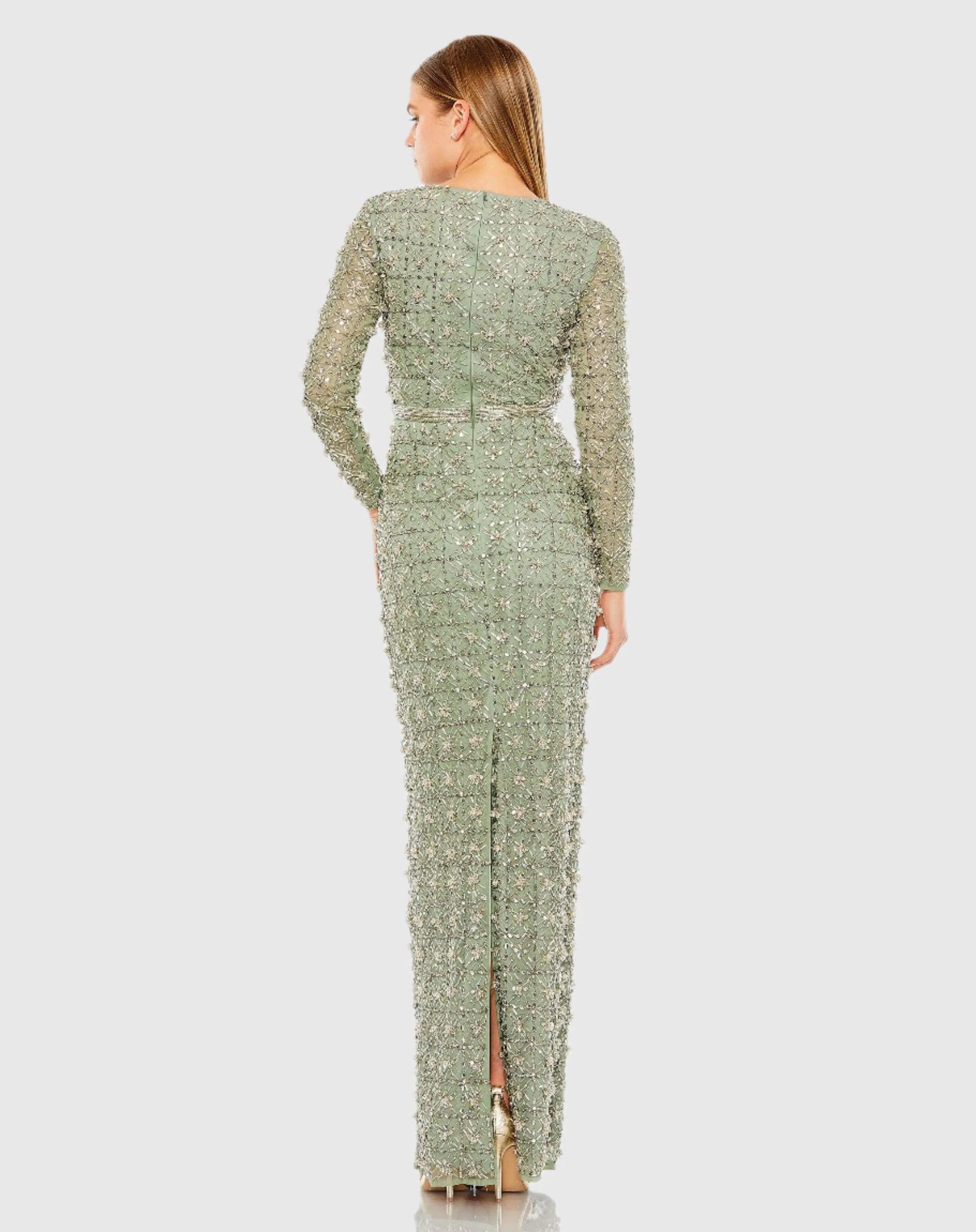 Green Long Sleeve High Neck Beaded Gown