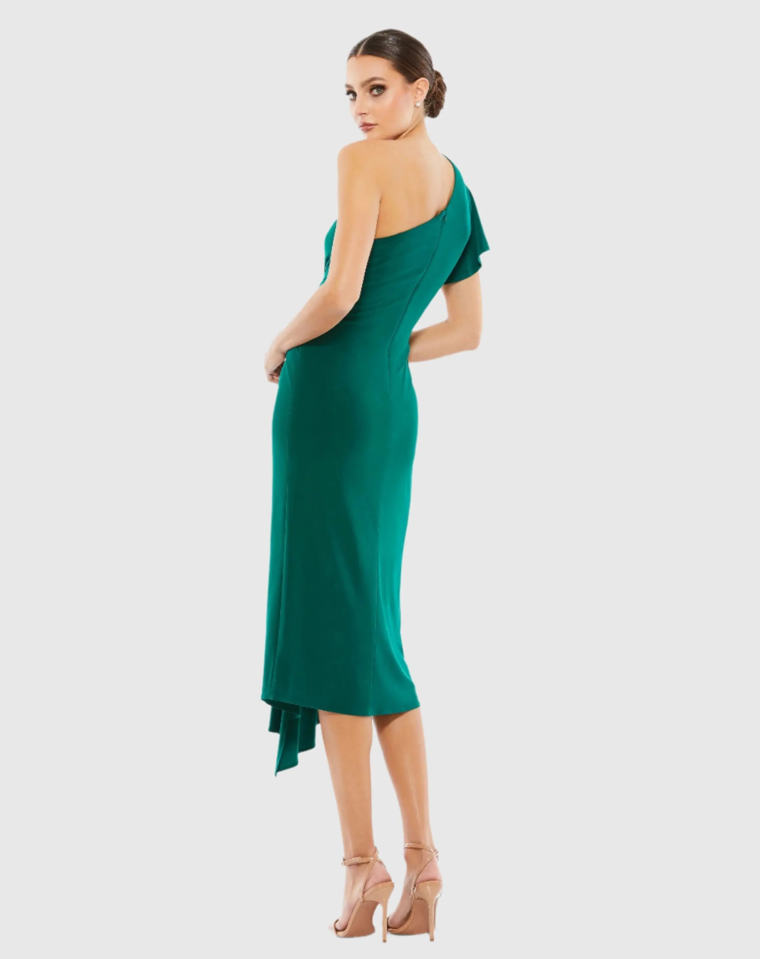 Green One Shoulder Midi Length Jersey Dress