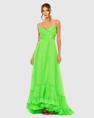 Green Ruched Tiered Spaghetti Strap Gown