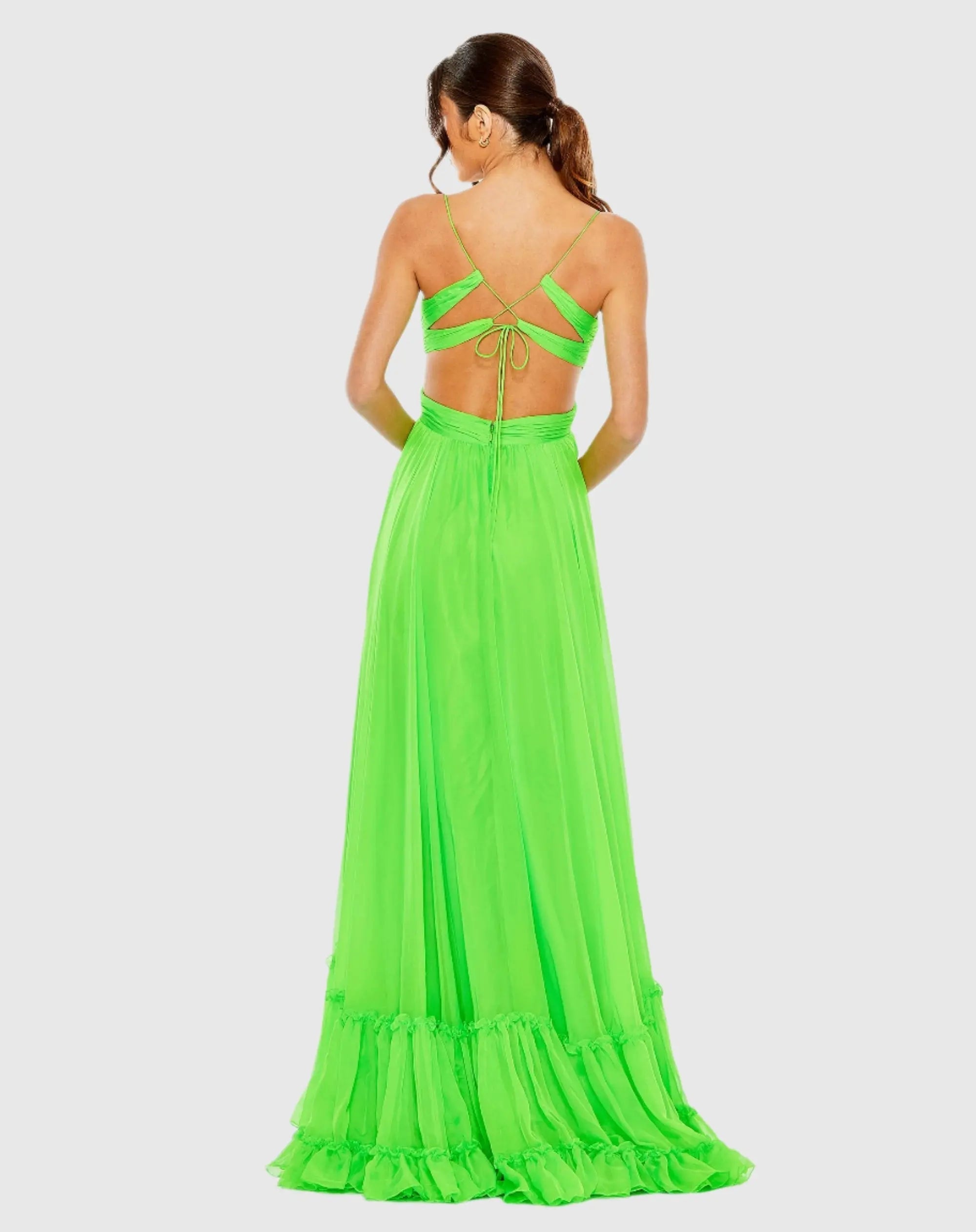 Green Ruched Tiered Spaghetti Strap Gown