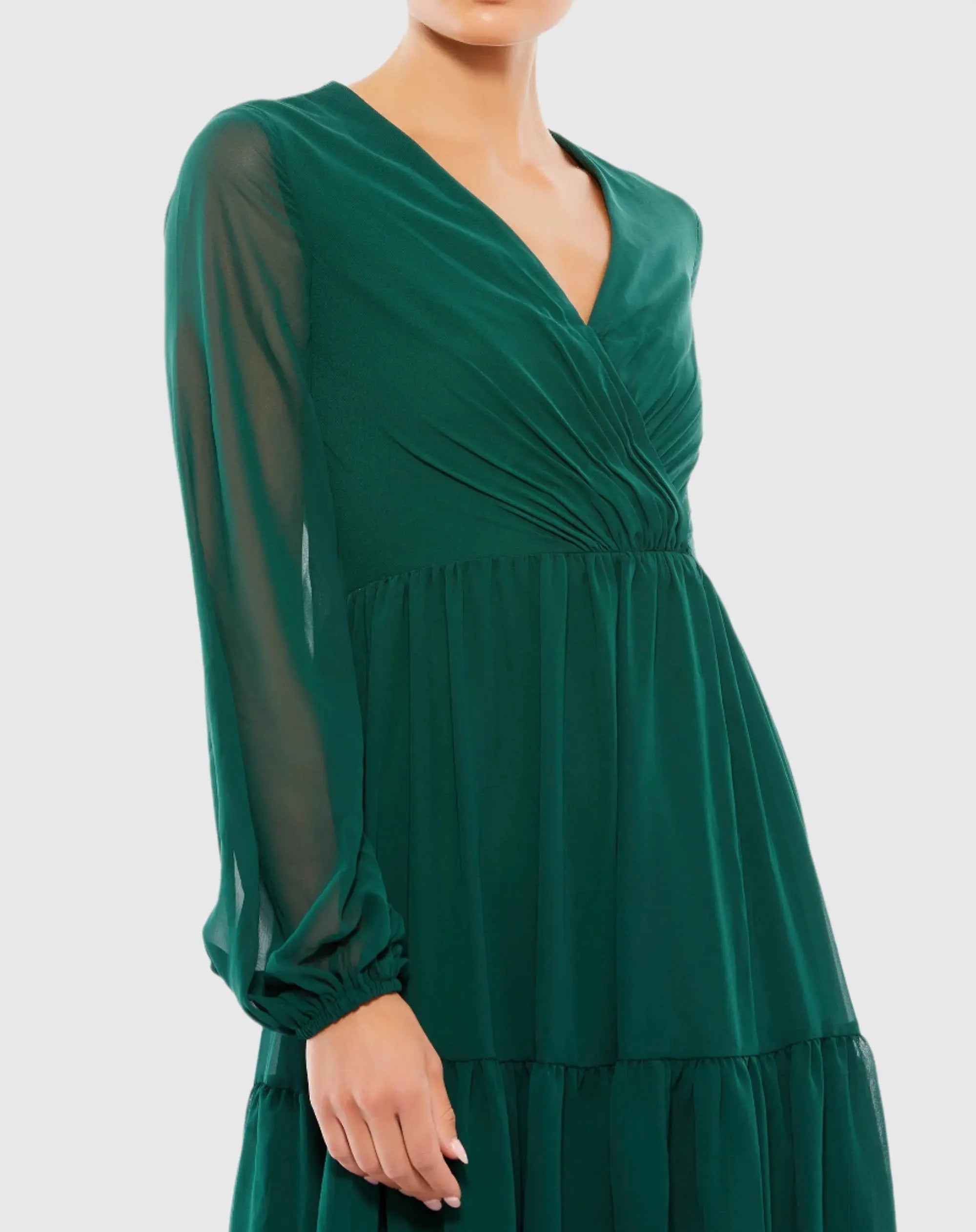 Green Ruched V-Neck Tiered Midi Dress