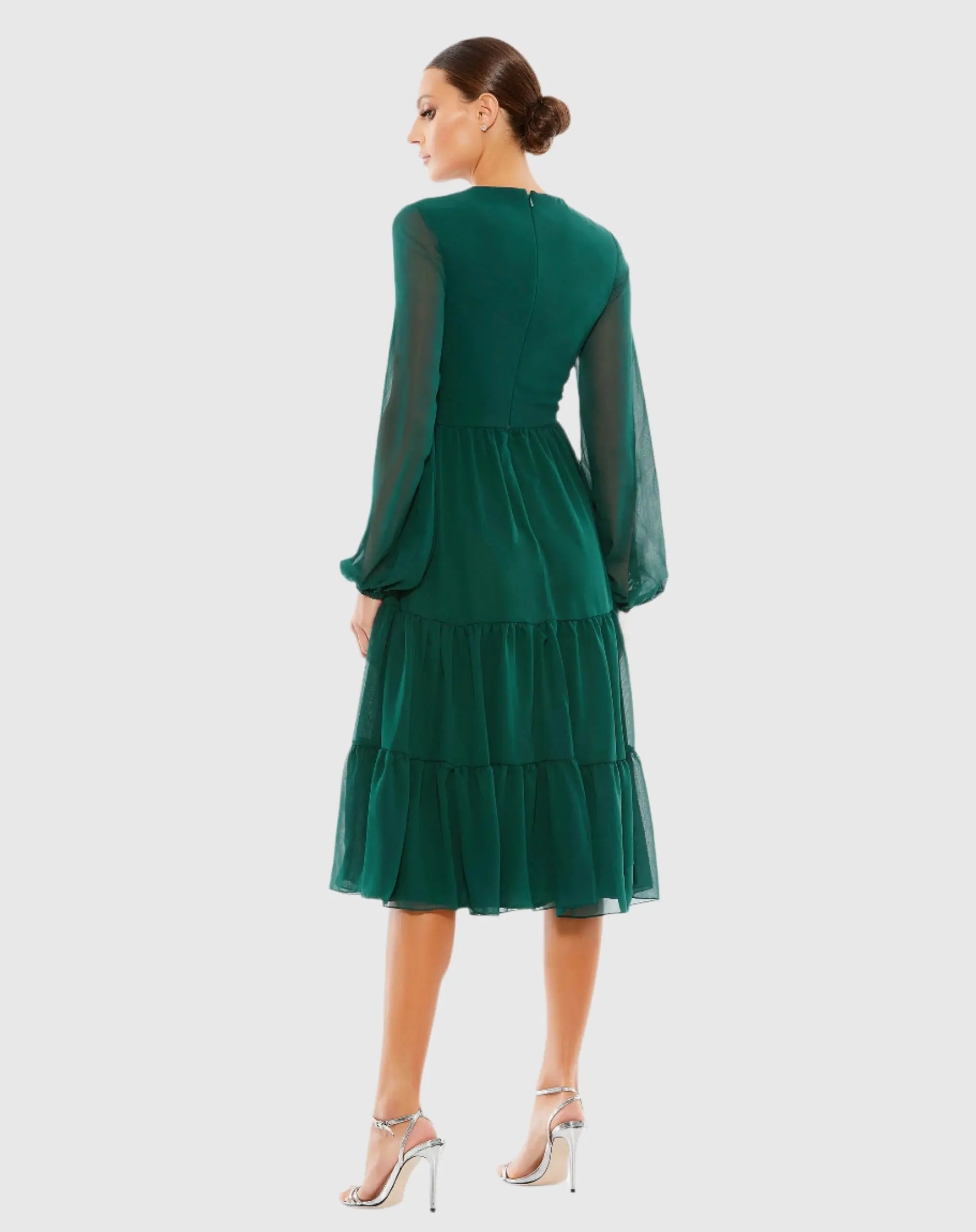 Green Ruched V-Neck Tiered Midi Dress