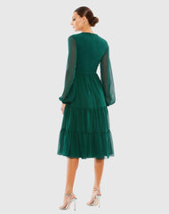 Green Ruched V-Neck Tiered Midi Dress