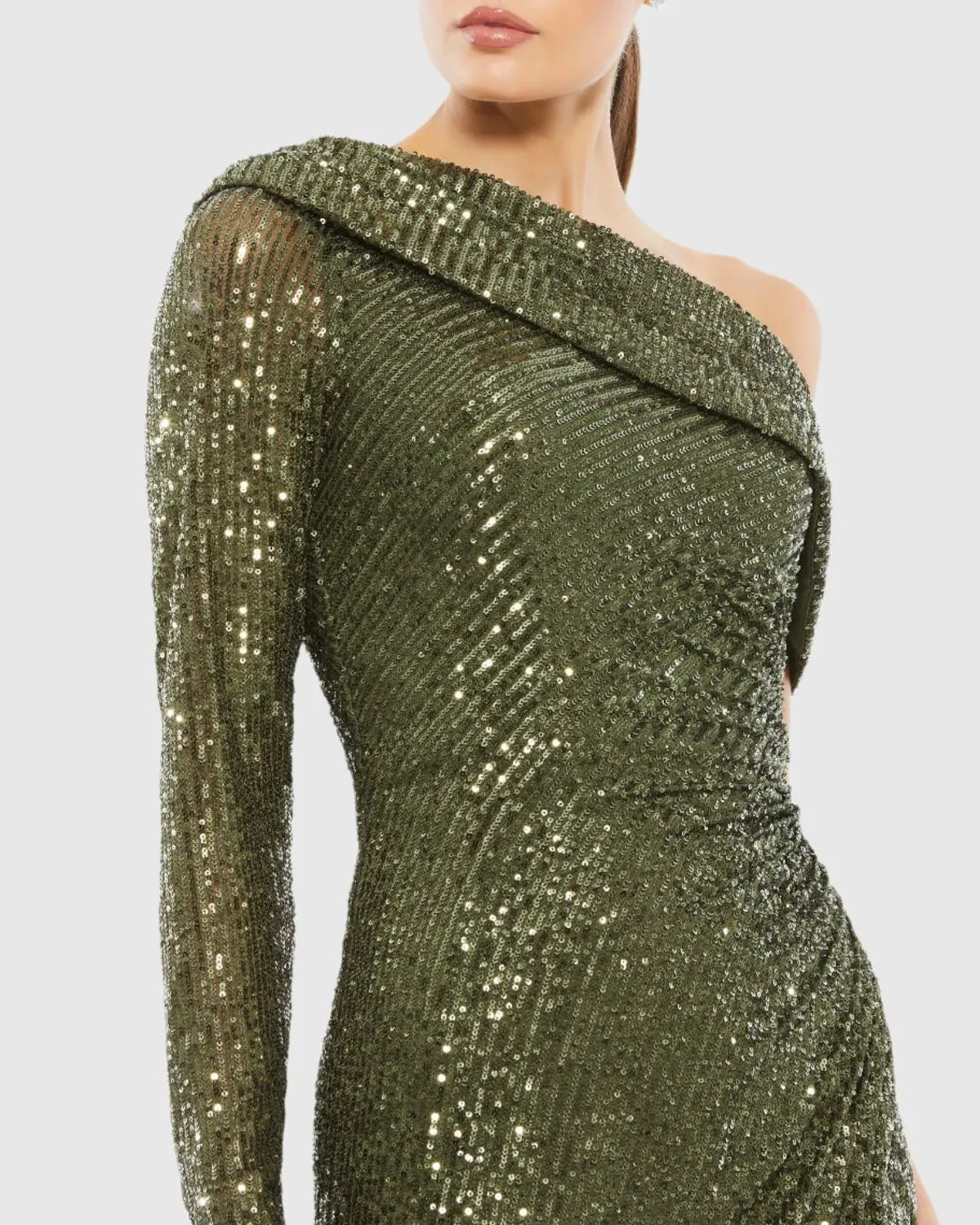 Green Sequined Drop Shoulder Faux Wrap Gown