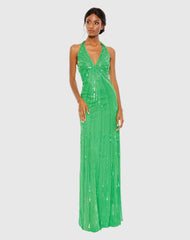 Green Halter Neck Sequin Gown