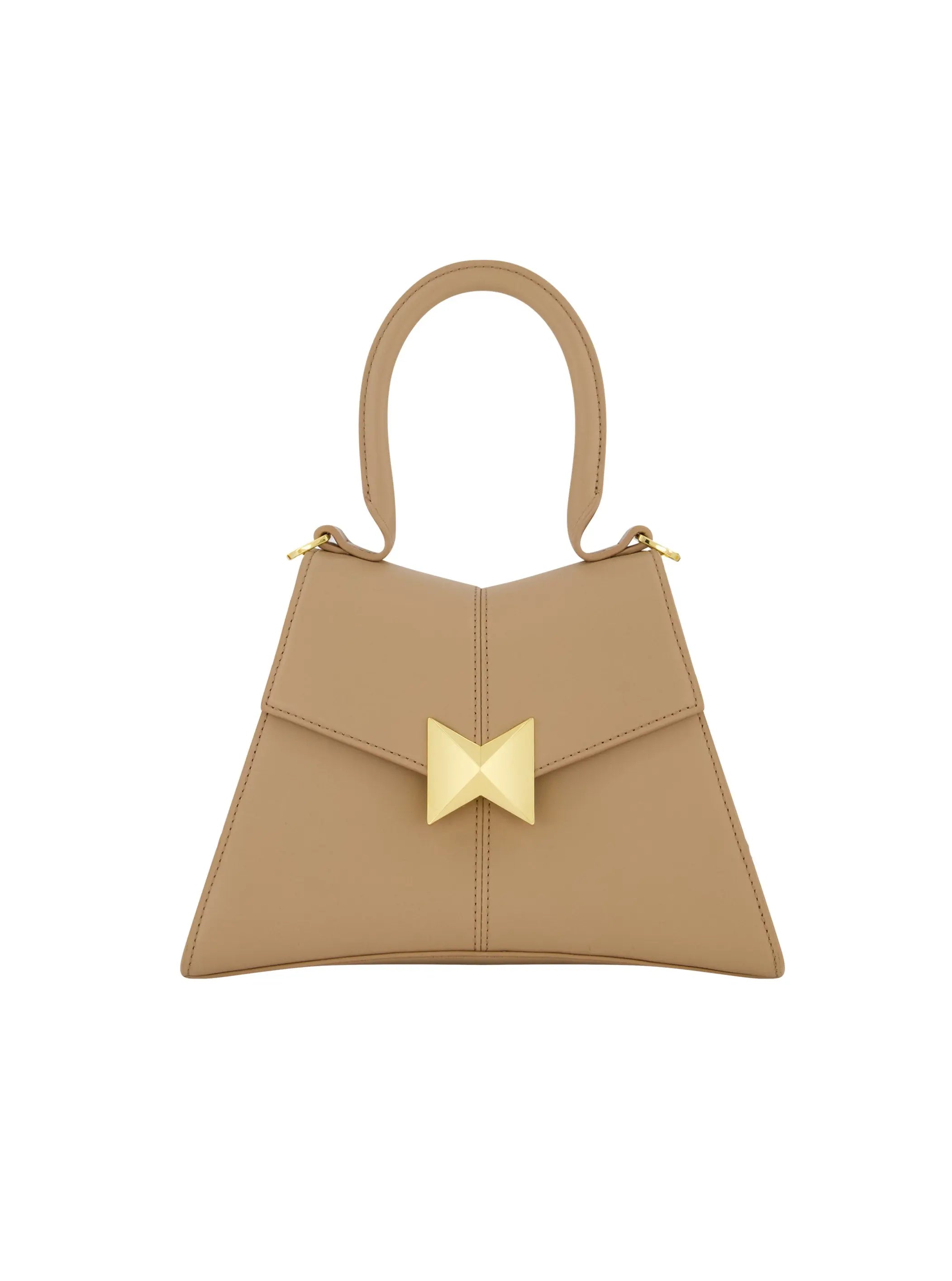 Brown Angular Small Leather Handbag With Gold Hardware