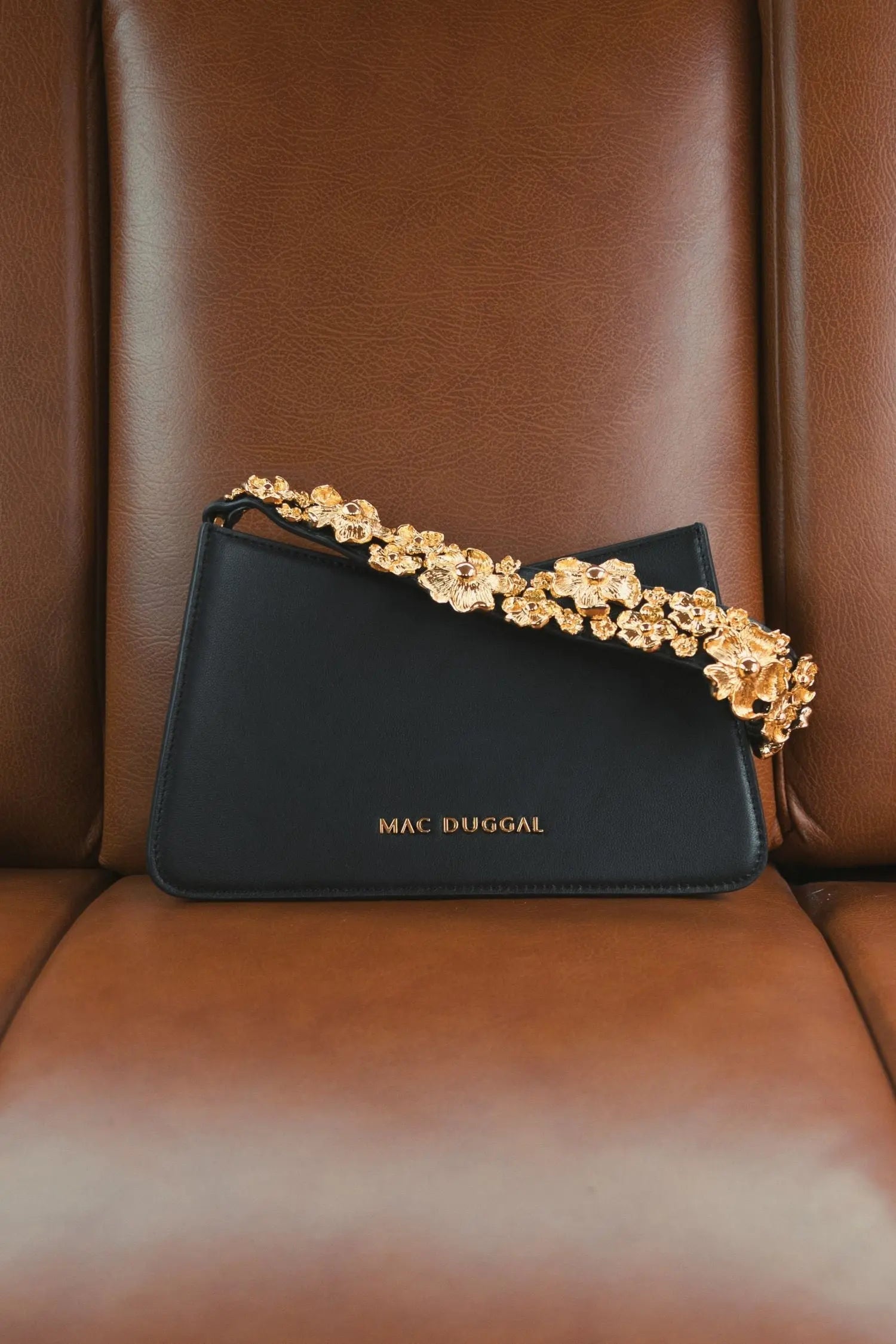 Gold Floral Small Black Nappa Leather Shoulder Bag