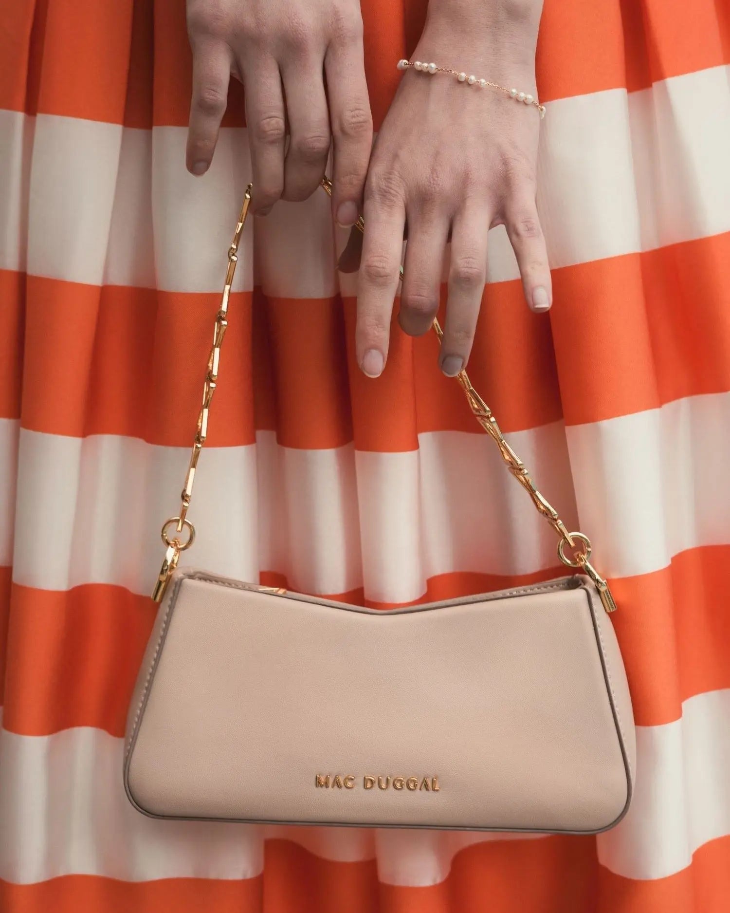 Beige Small Gold Strap Nappa Leather Shoulder Bag