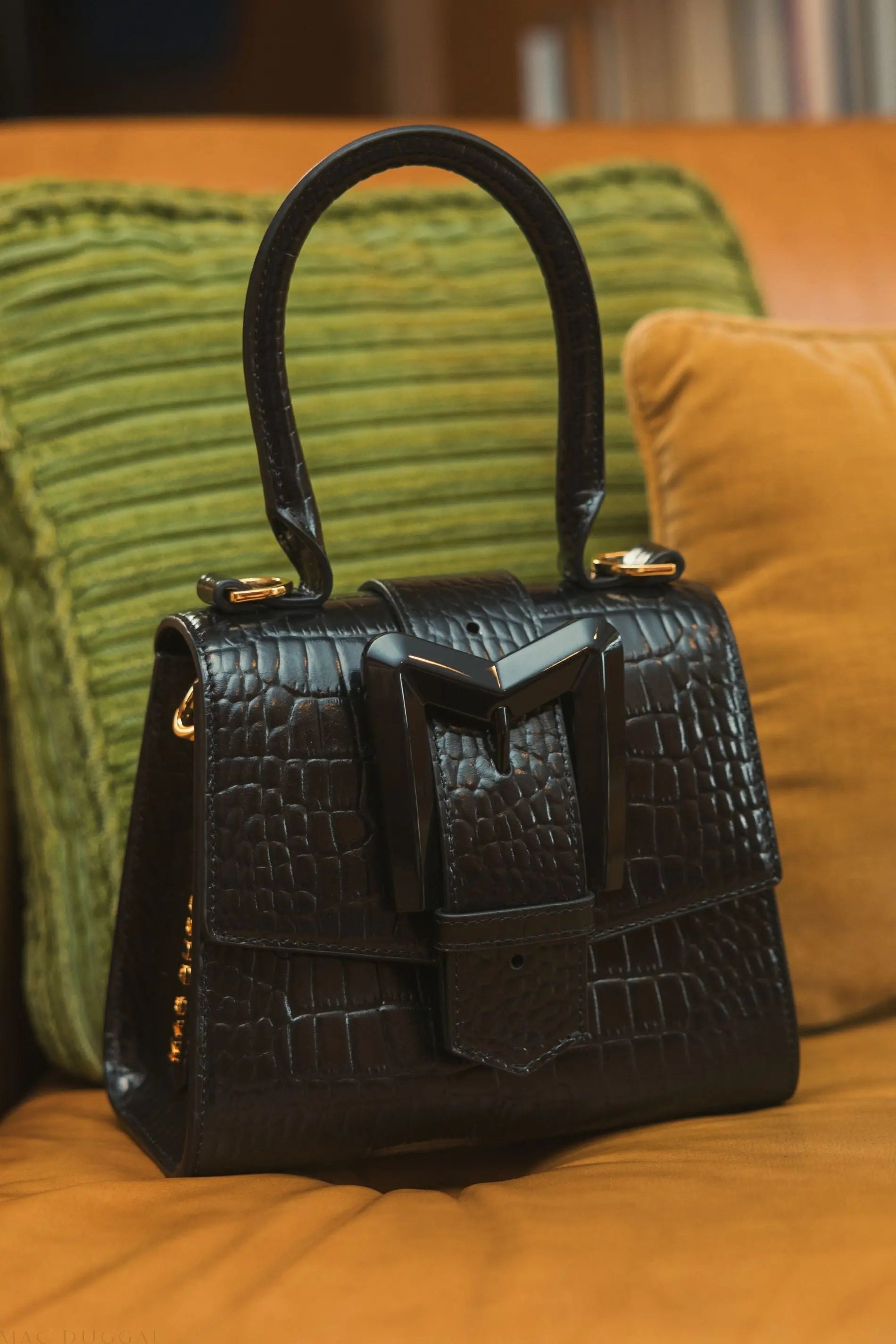 Black Buckled Mini Croco Leather Handbag with Detachable Strap