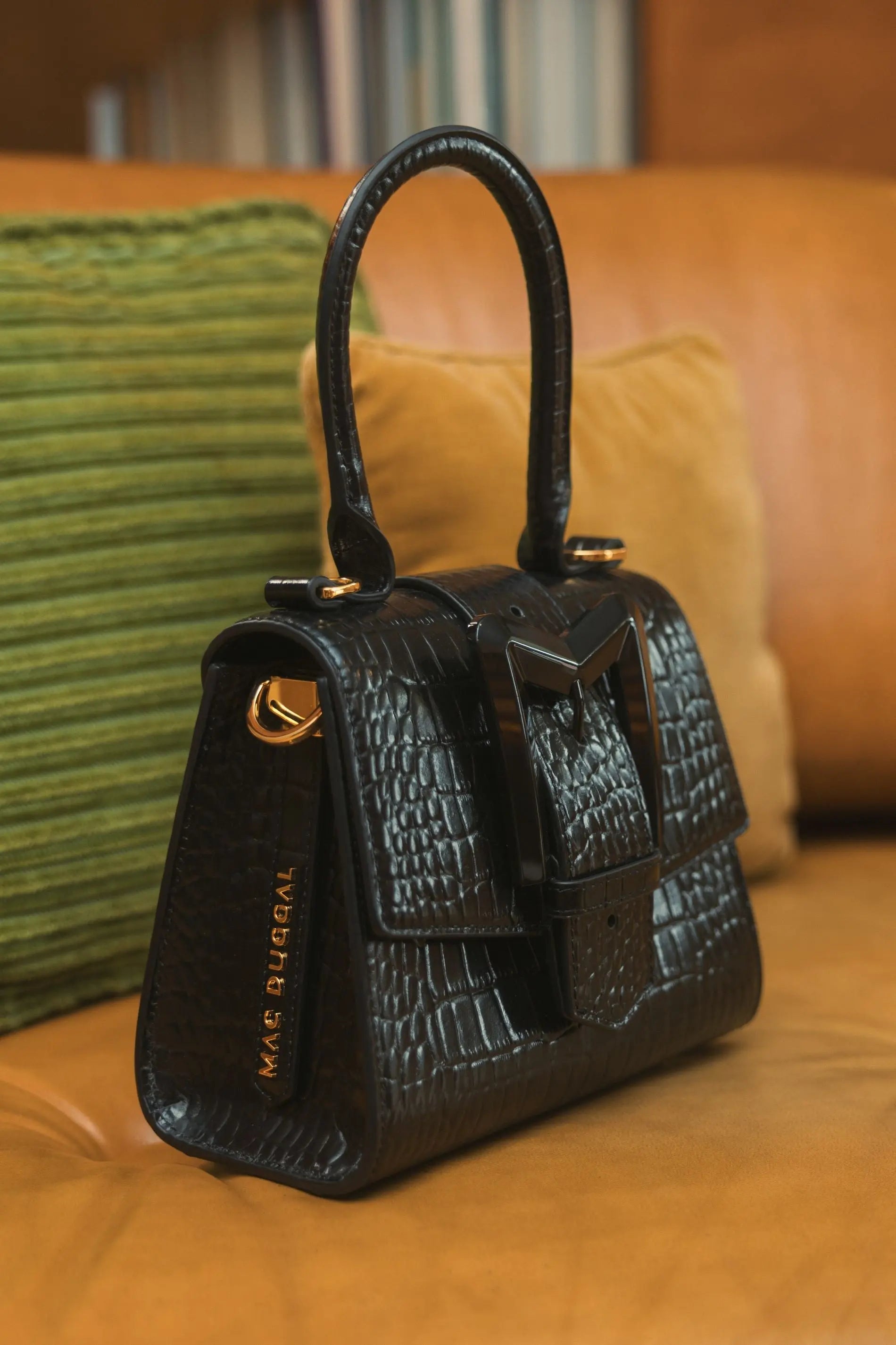 Black Buckled Mini Croco Leather Handbag with Detachable Strap