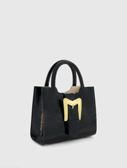 Black Crocodile Leather Tote Bag With Gold Buckle