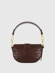 Brown Crocodile Leather Saddle Bag With Gold Hardware