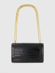 Black Crocodile Leather Shoulder Bag With Gold Hardware