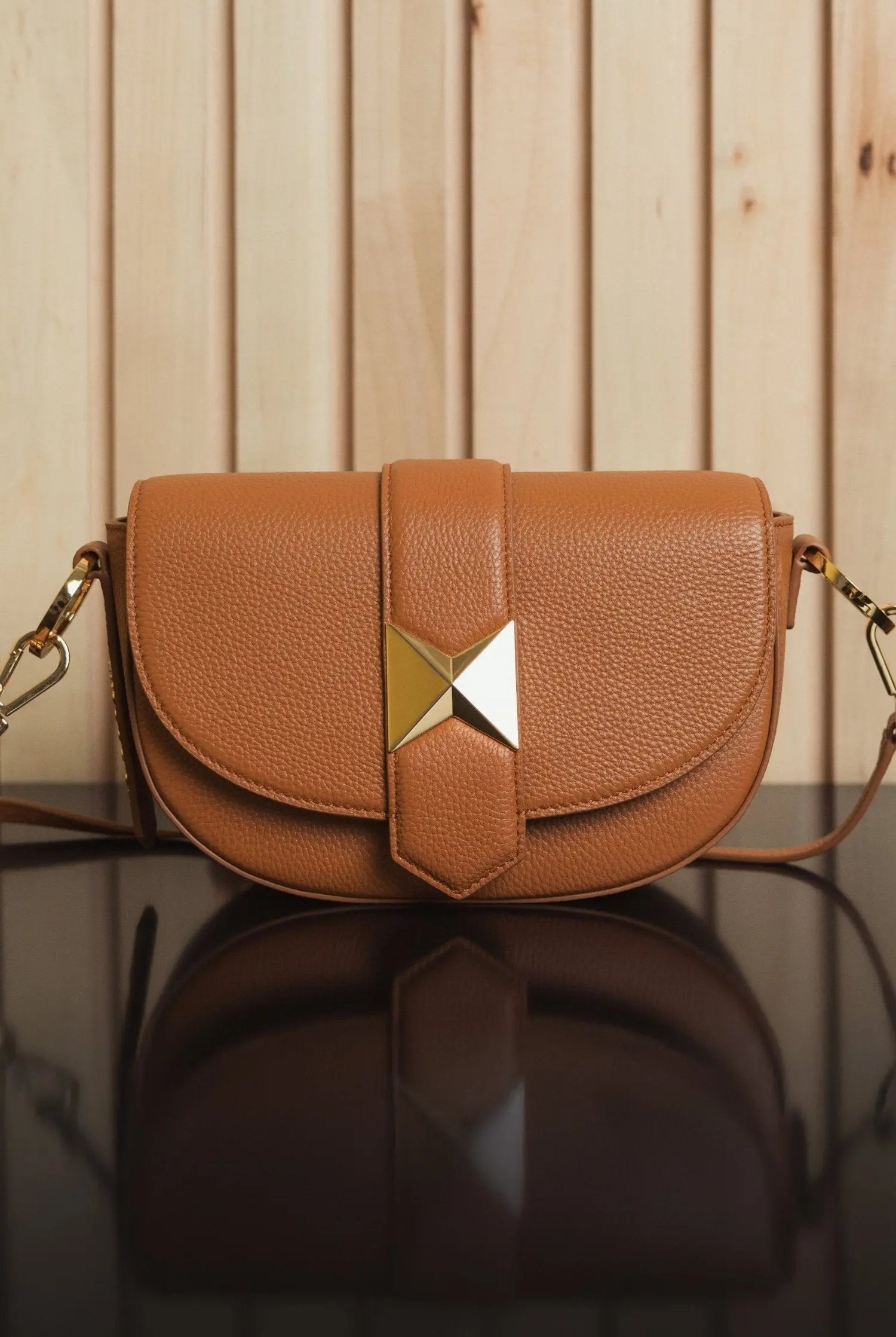 Brown Grain Leather Saddle Bag With Gold Hardware - FINAL SALE