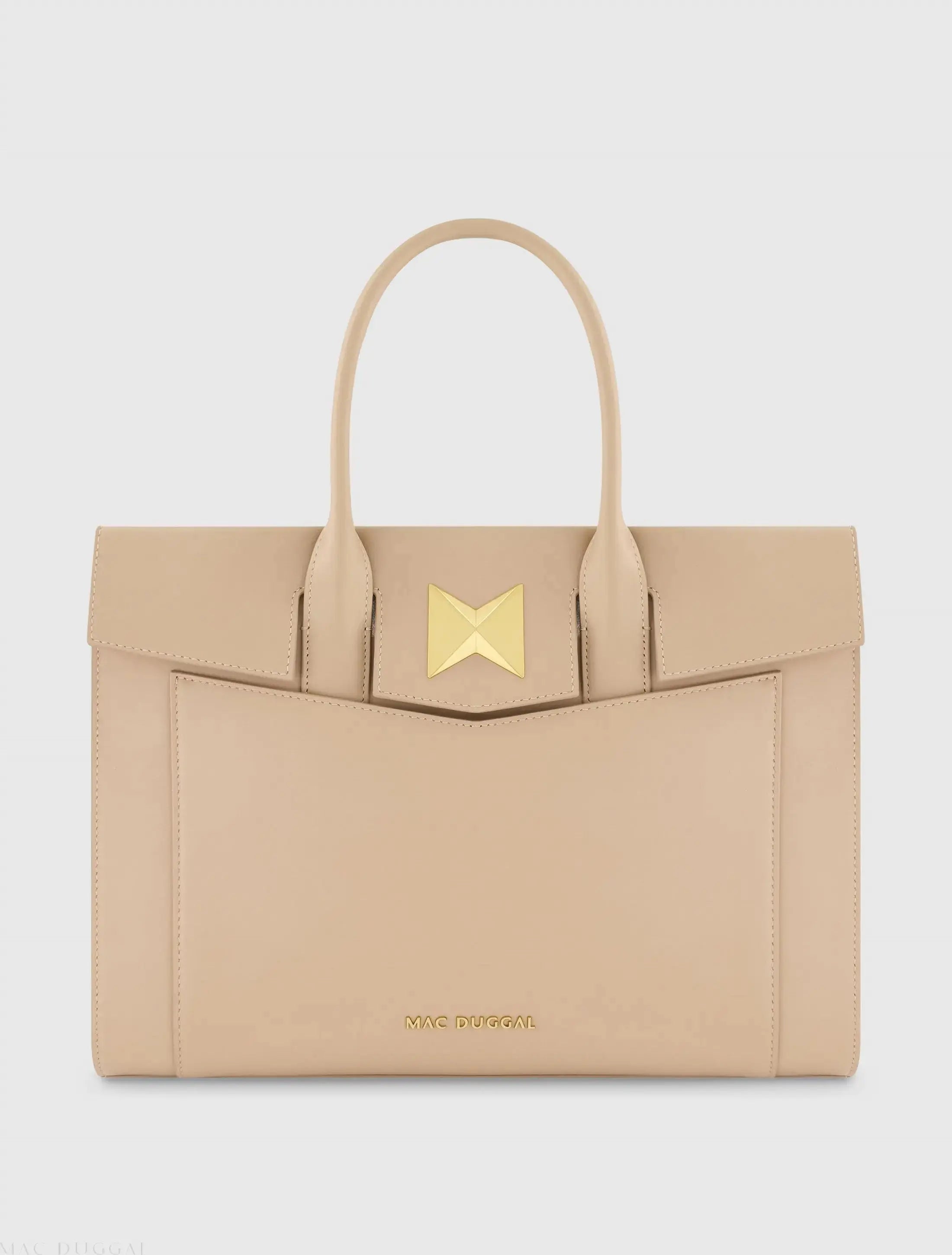 Beige Large Leather Briefcase Bag With Gold Hardware