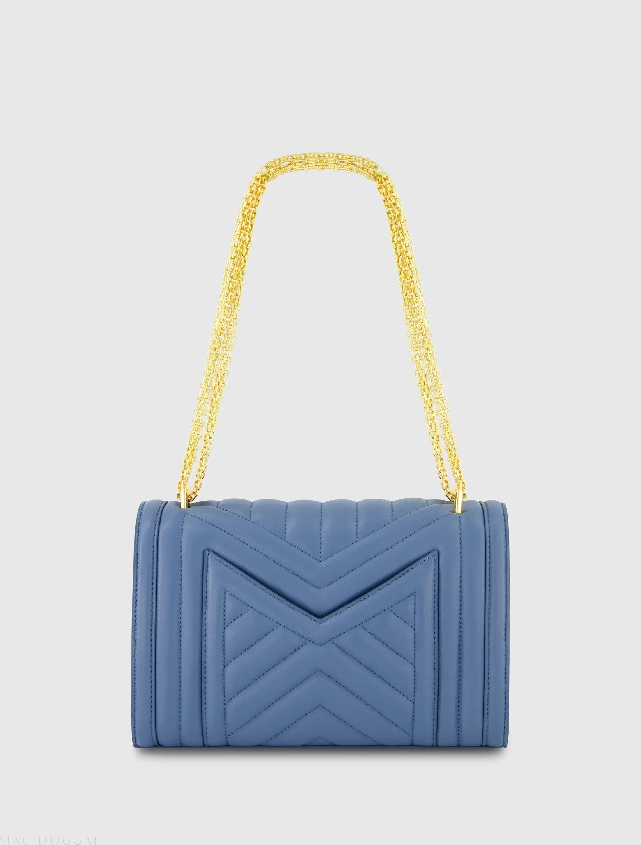 Blue Quilted Napa Leather Handbag With Gold Chain