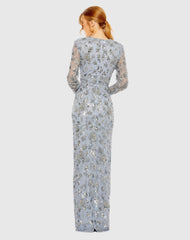 Blue High Neck Long Sleeve Embellished Column Gown