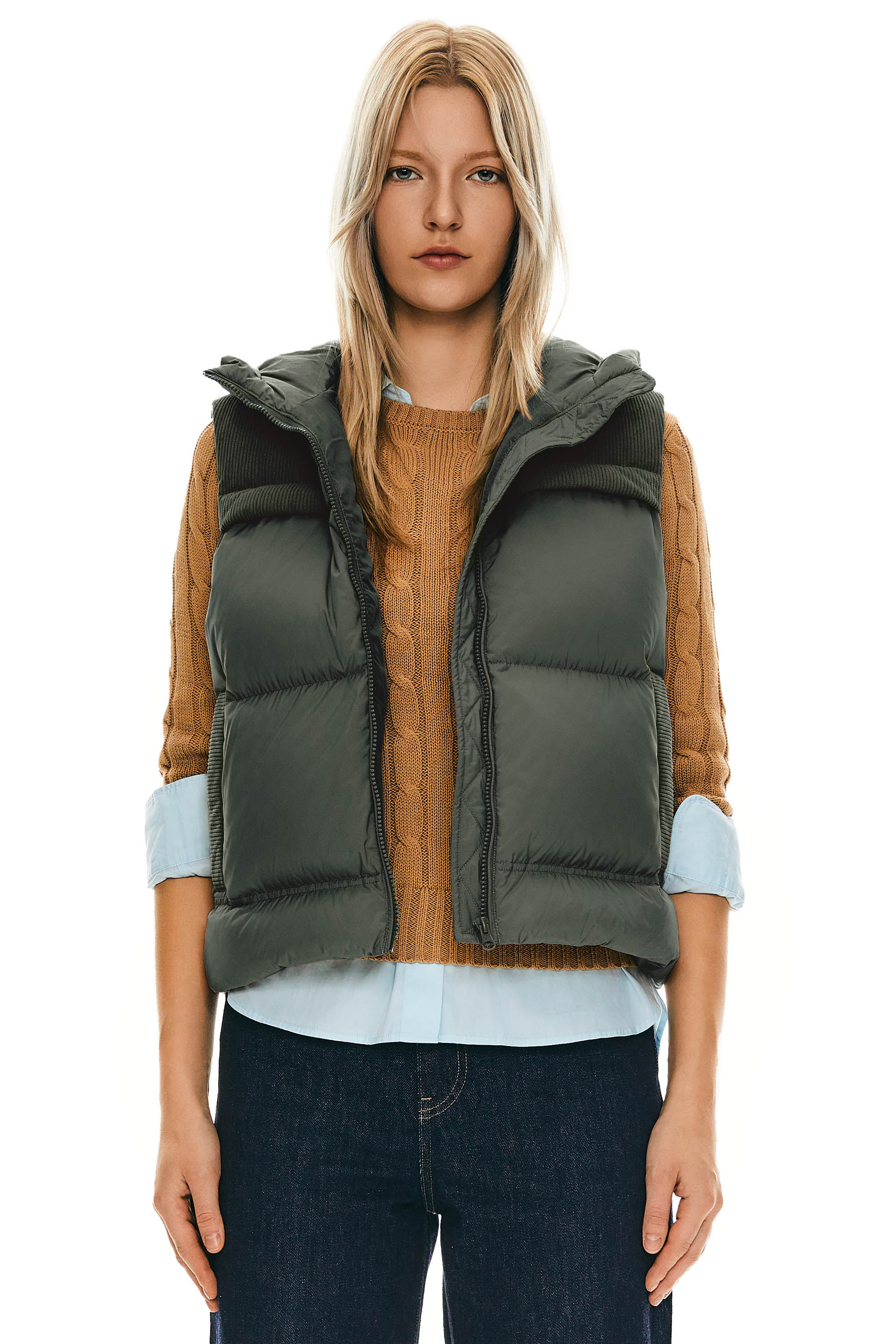 Hooded Puffer Down Vest Cropped Zip Up Lightweight