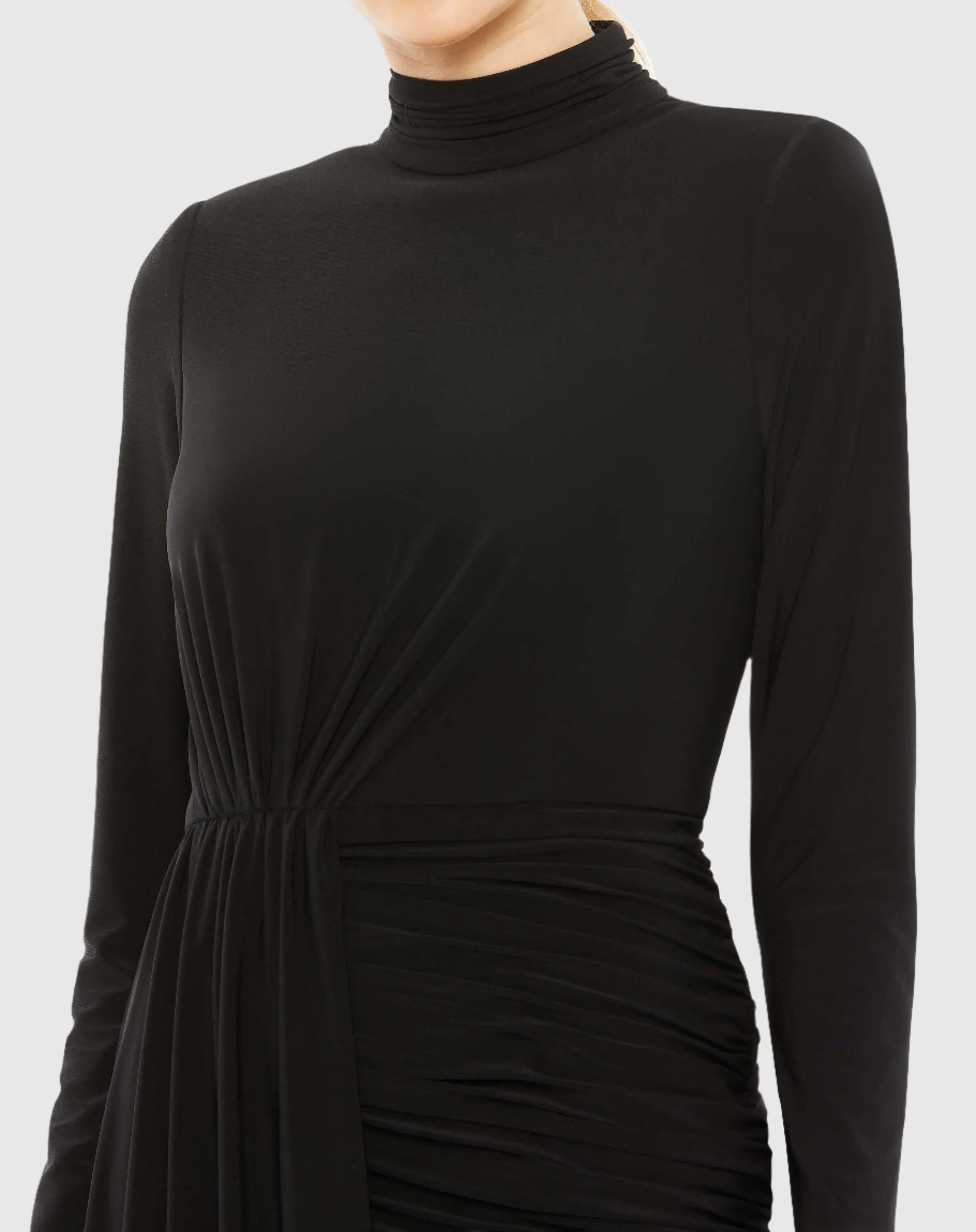 Black Jersey High Neck Asymmetrical Draped High Low Dress