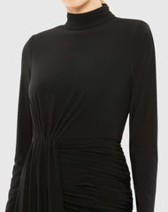 Black Jersey High Neck Asymmetrical Draped High Low Dress
